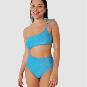 Victorias Secret PINK Blue Shimmer One Shoulder Cutout One Piece Swimsuit XS NEW